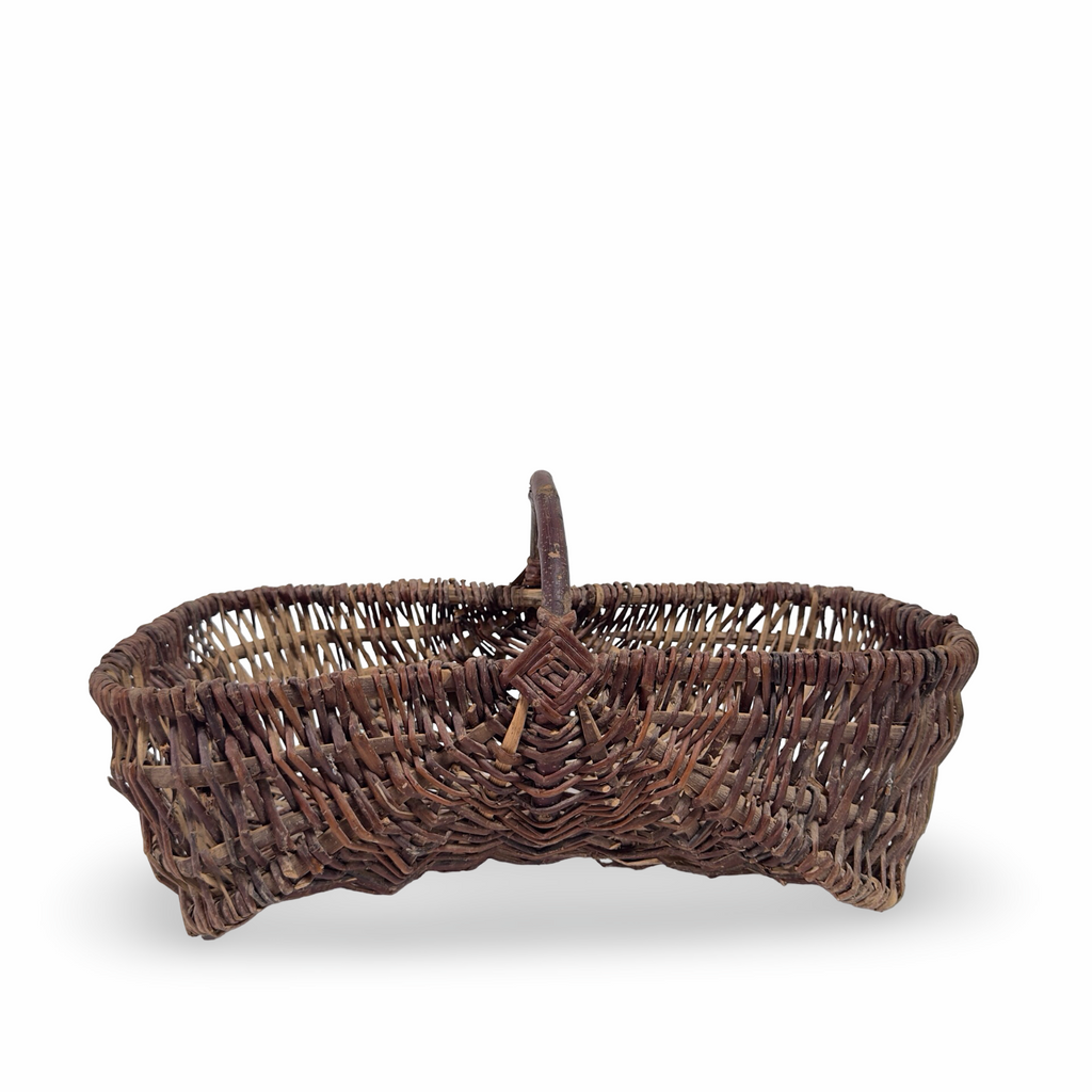Antique French Curved Woven Basket with Handle