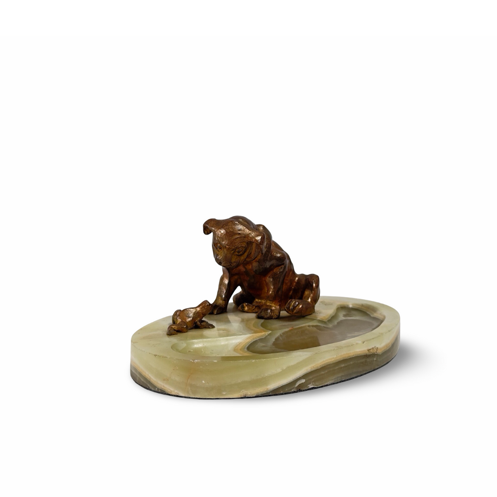 Art Deco Bronze French Dog and Frog Marble Desk Tidy