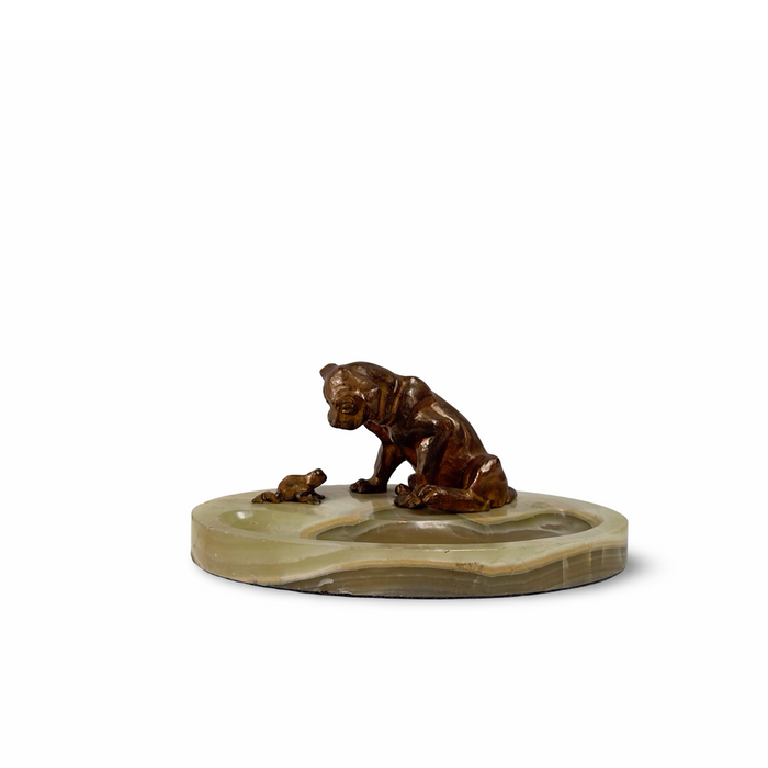 Art Deco Bronze French Dog and Frog Marble Desk Tidy