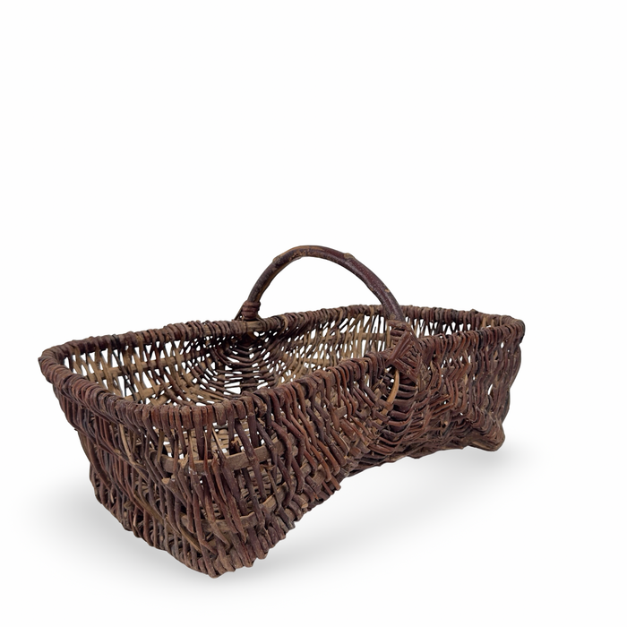 Antique French Curved Woven Basket with Handle