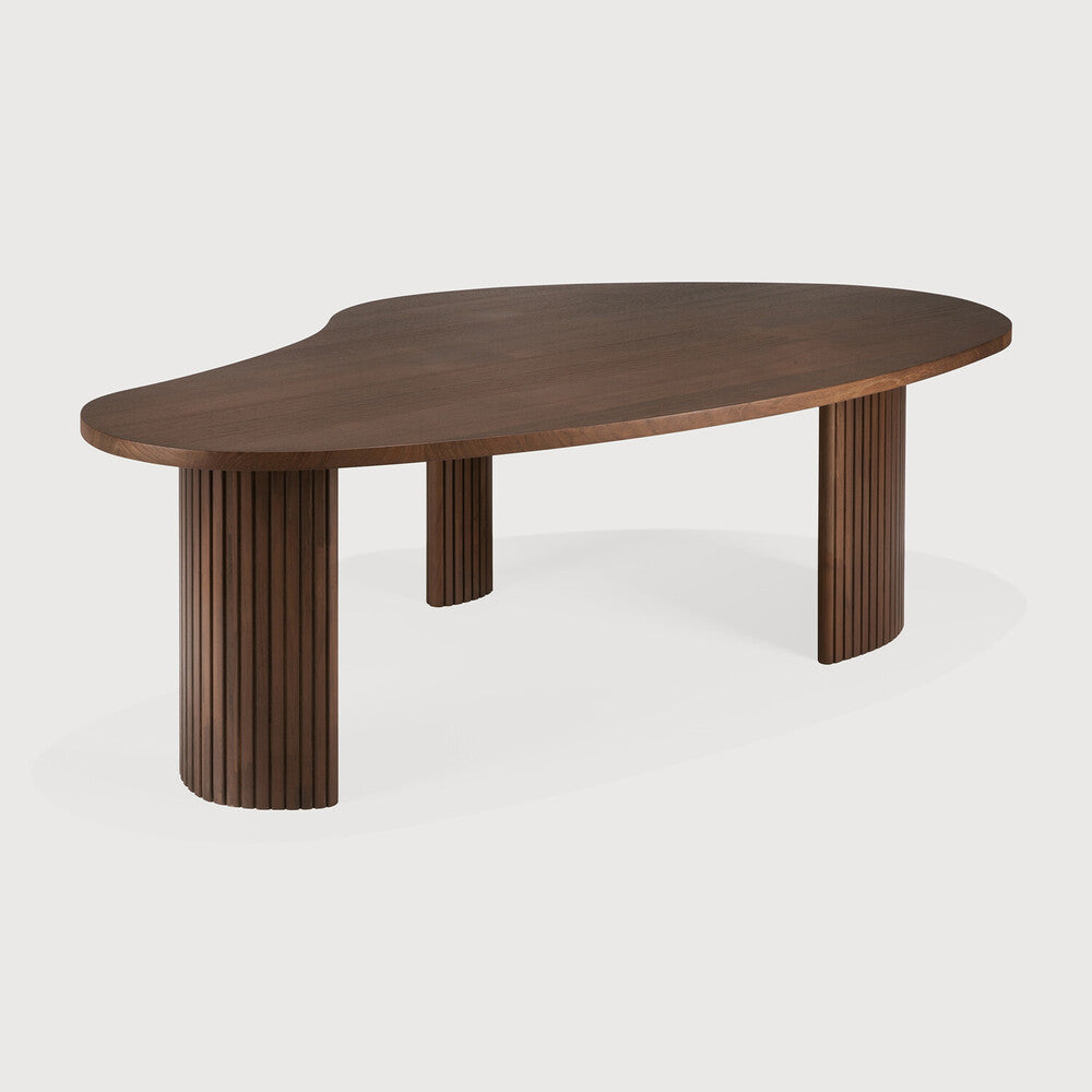 Ethicraft boomerang coffee table in vanished teak brown, long rounded top and fluted legs