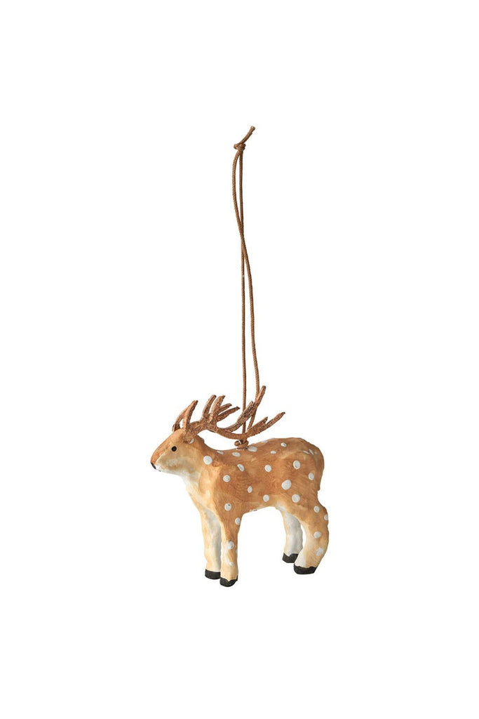 Paper mache reindeer ornament, brown with white speckles, hanging on cord