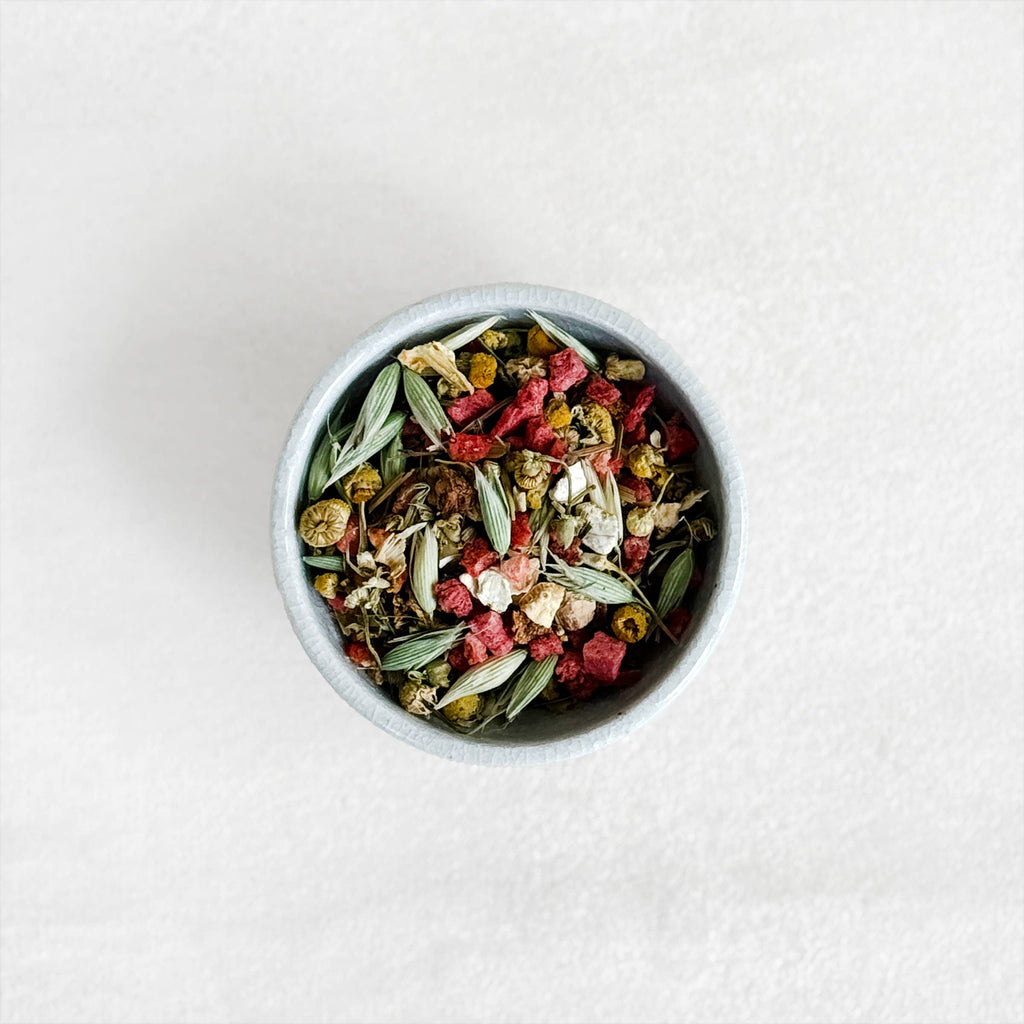 Dried meadow tea leaves in a round bowl