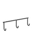 Iron wall triple hook rack with three curved hooks on a straight bar