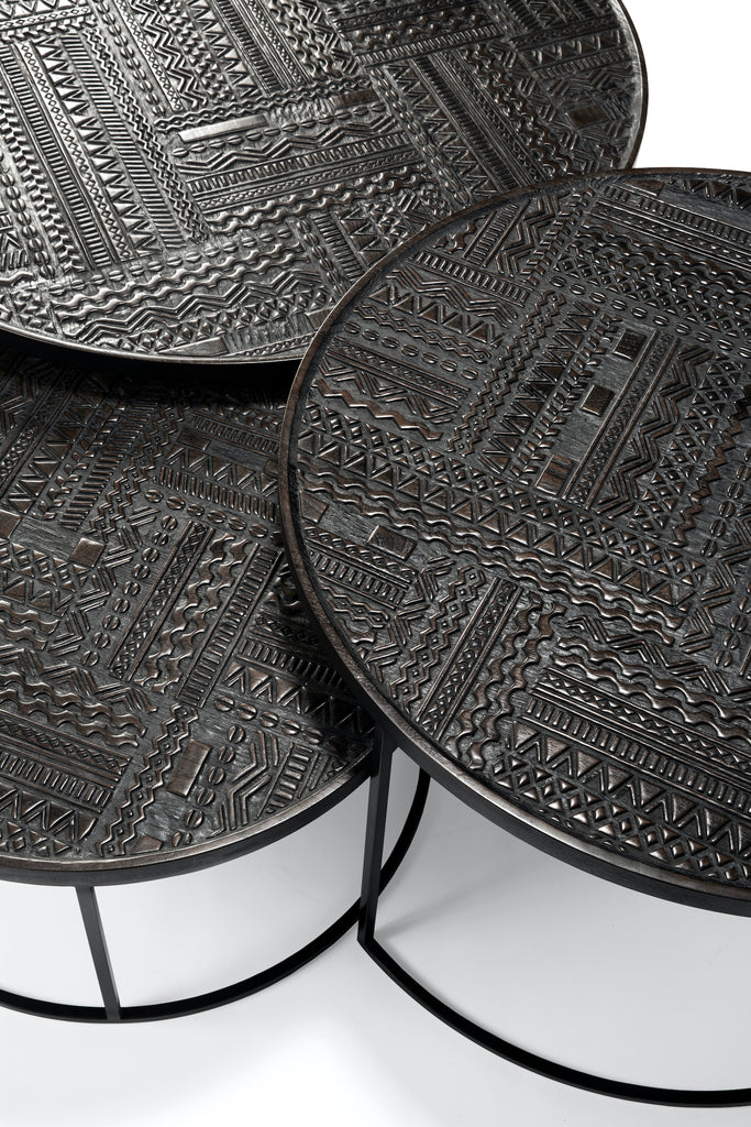 Teak Tabwa Round Nesting Black Coffee Table - Set of 3 - Varnished