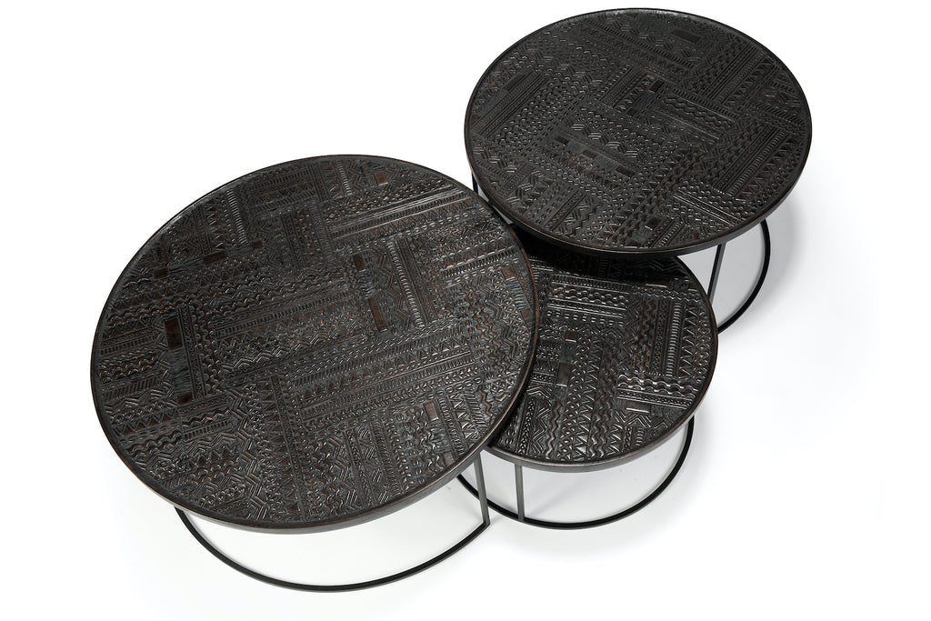 Teak Tabwa Round Nesting Black Coffee Table - Set of 3 - Varnished