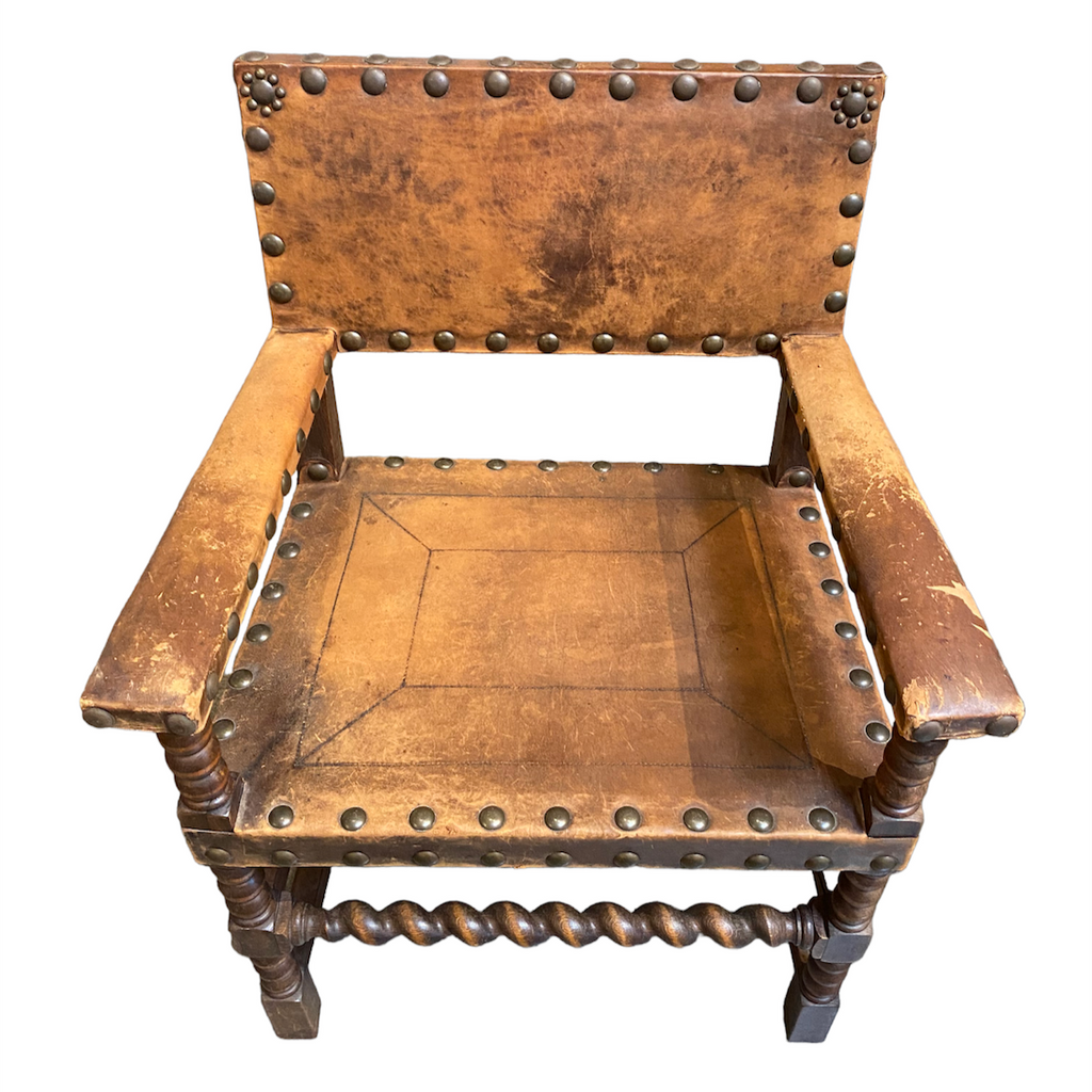 Antique European Leather Chairs with Nailhead DetaIl