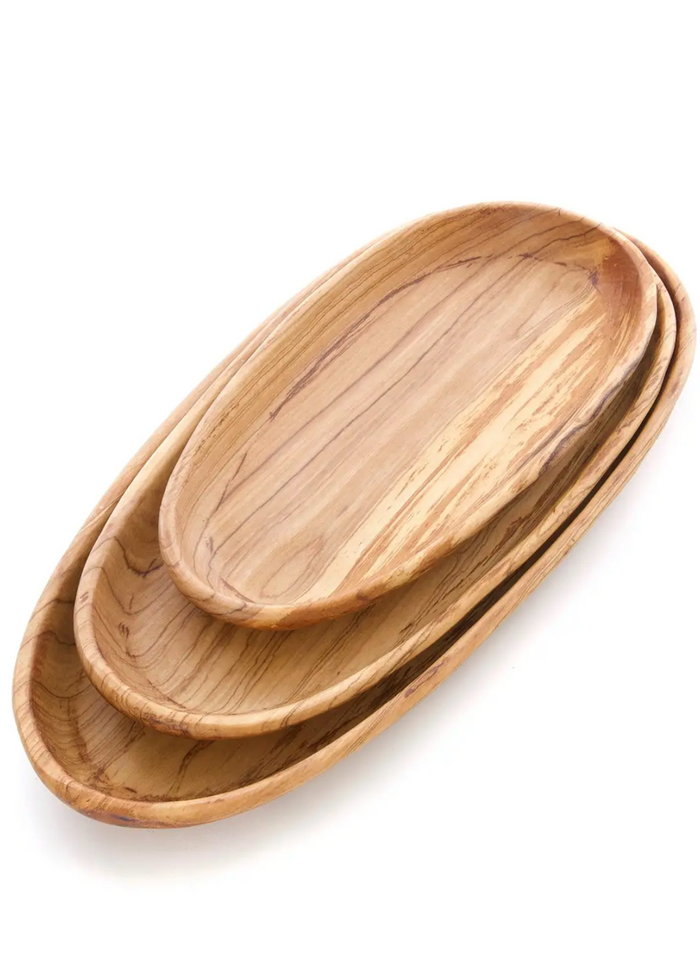 Shallow Olive Wood Oval Serving Bowls