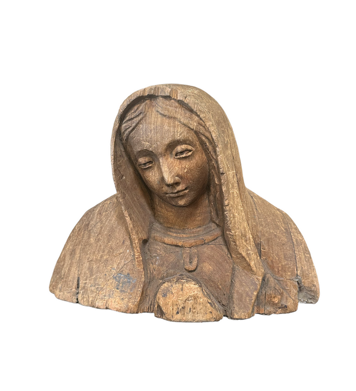 Antique Hand Carved Wood Bust of the Virgin Mary