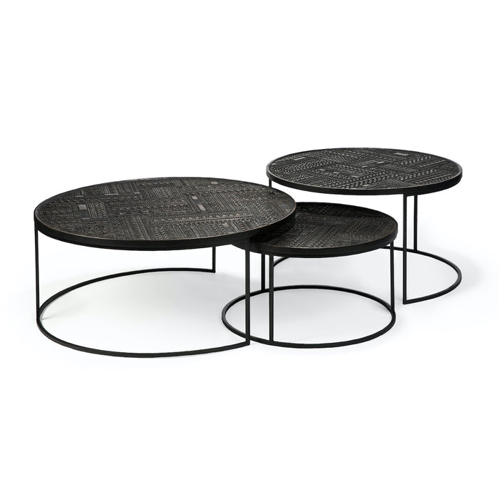 Teak Tabwa Round Nesting Black Coffee Table - Set of 3 - Varnished